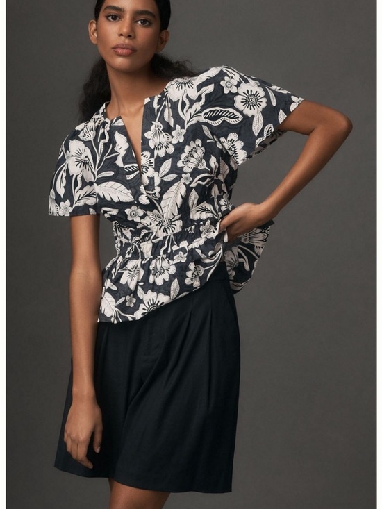 Anthropologie Tops - Anthropologie Navy and White Floral Cinch-Front Blouse